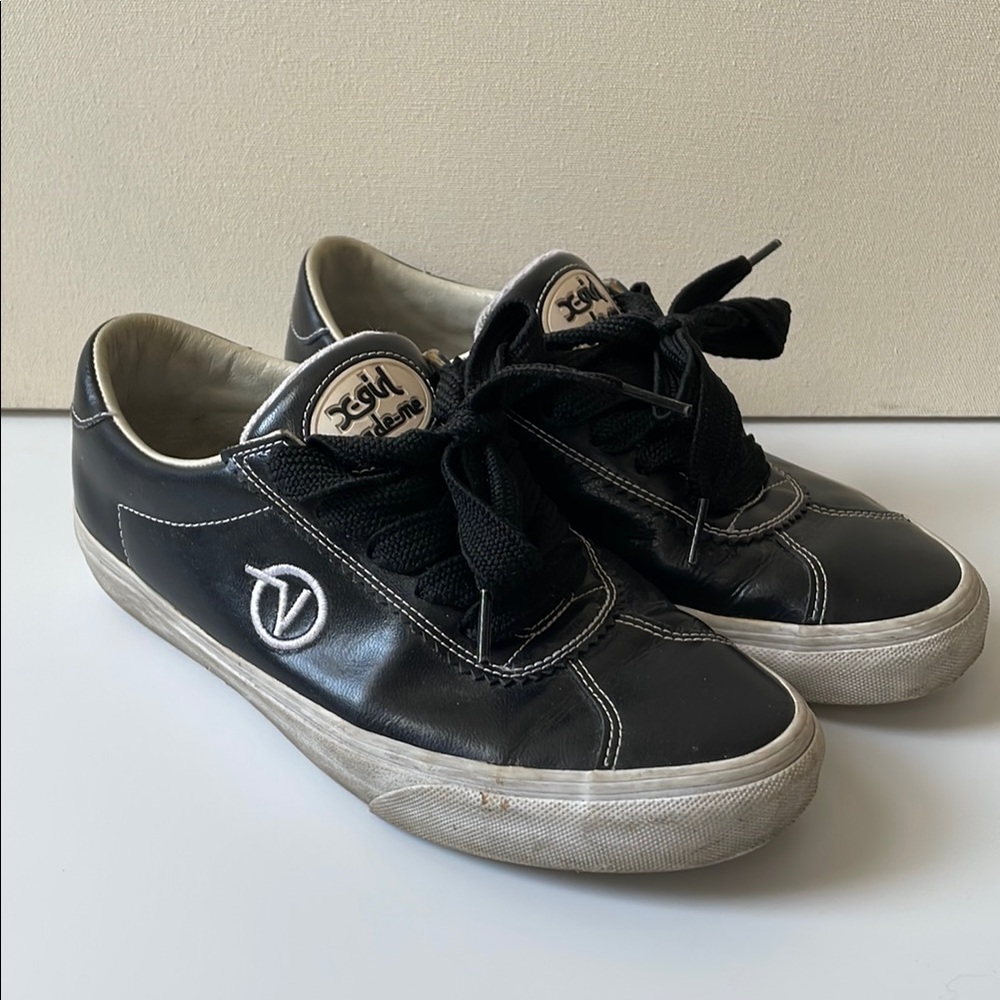 Vans mademe x-girl black leather vans men’s size 8.5 90s skate grunge style!
